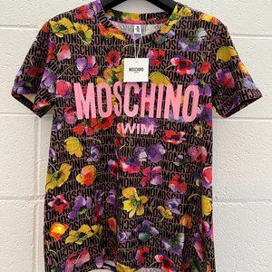 SOLD! 19 Moschino Swim Jeremy Scott Brown Multicolor Allover Logo Floral T-shirt